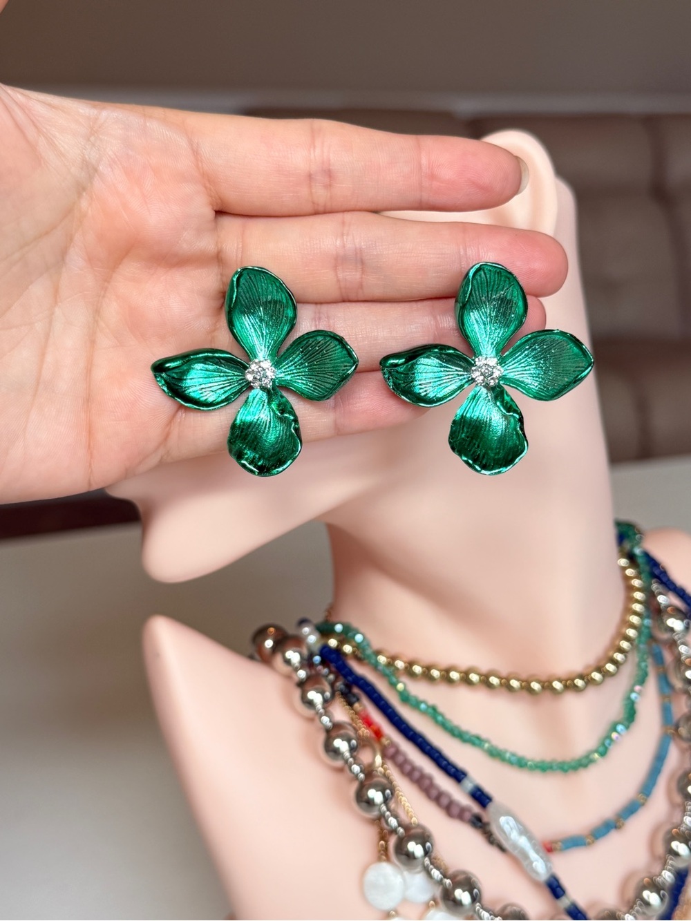 Green Petal Flower Earrings - Picture 10 of 11